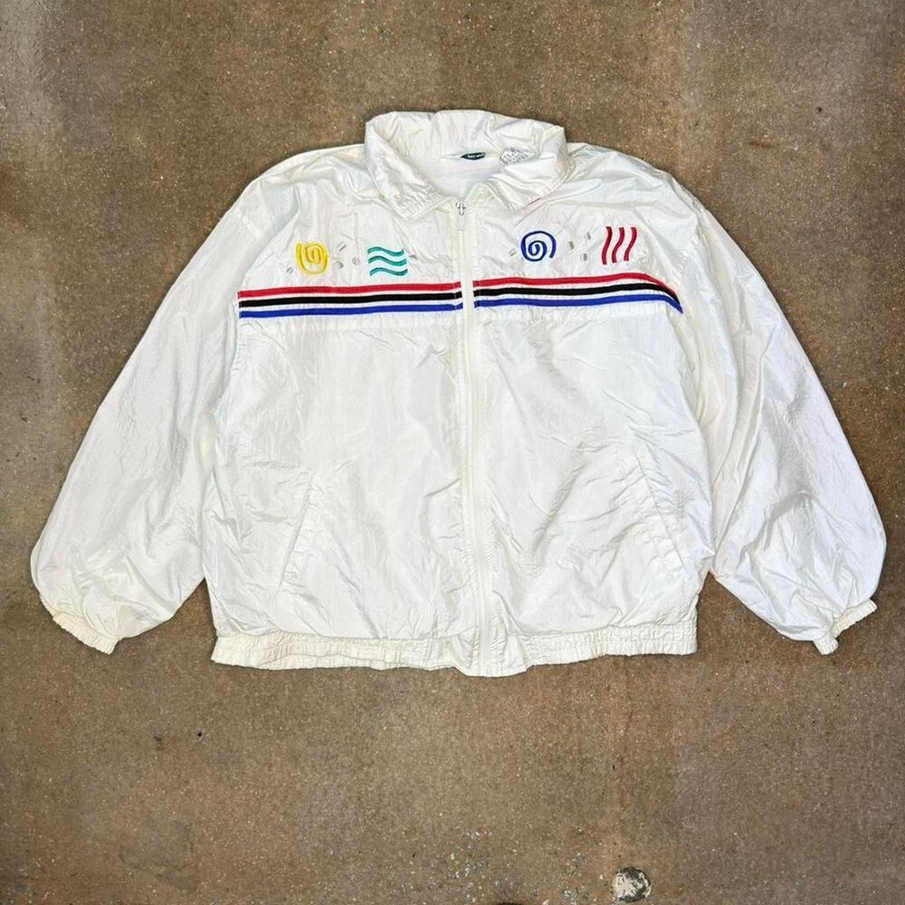 Vintage Windbreaker Jacket Mens Large White Embroidered 90s Nylon‎ Full Zip